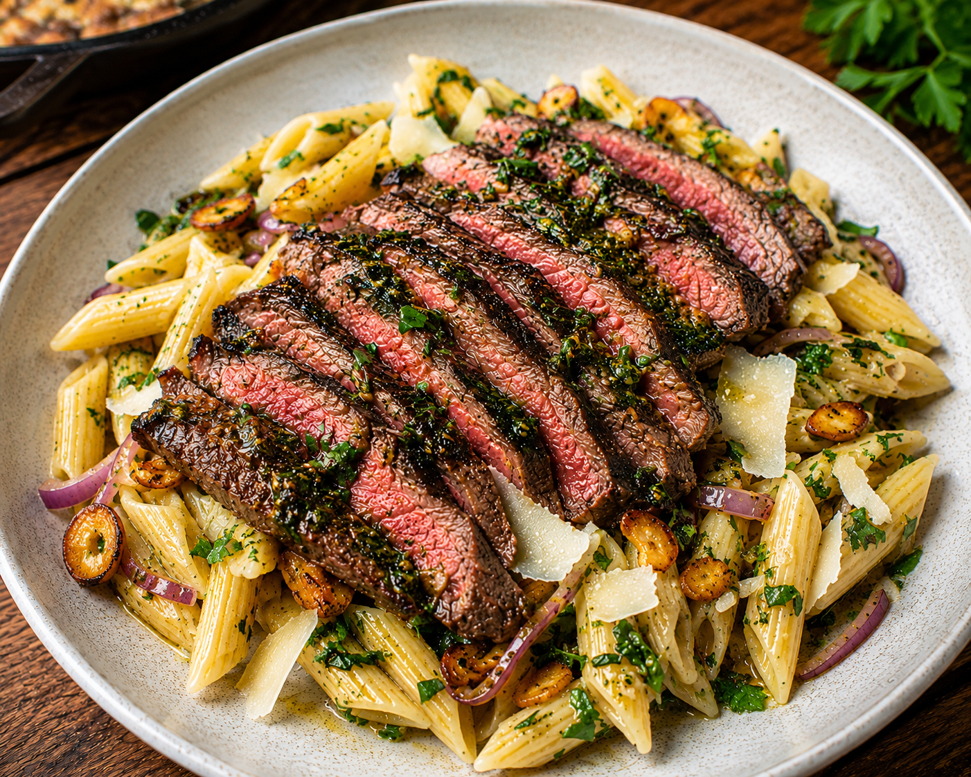 Skillet-finished flank steak tagliata sliced thin over gremolata penne with parsley, garlic, red onion, shaved parmesan, and herb butter.