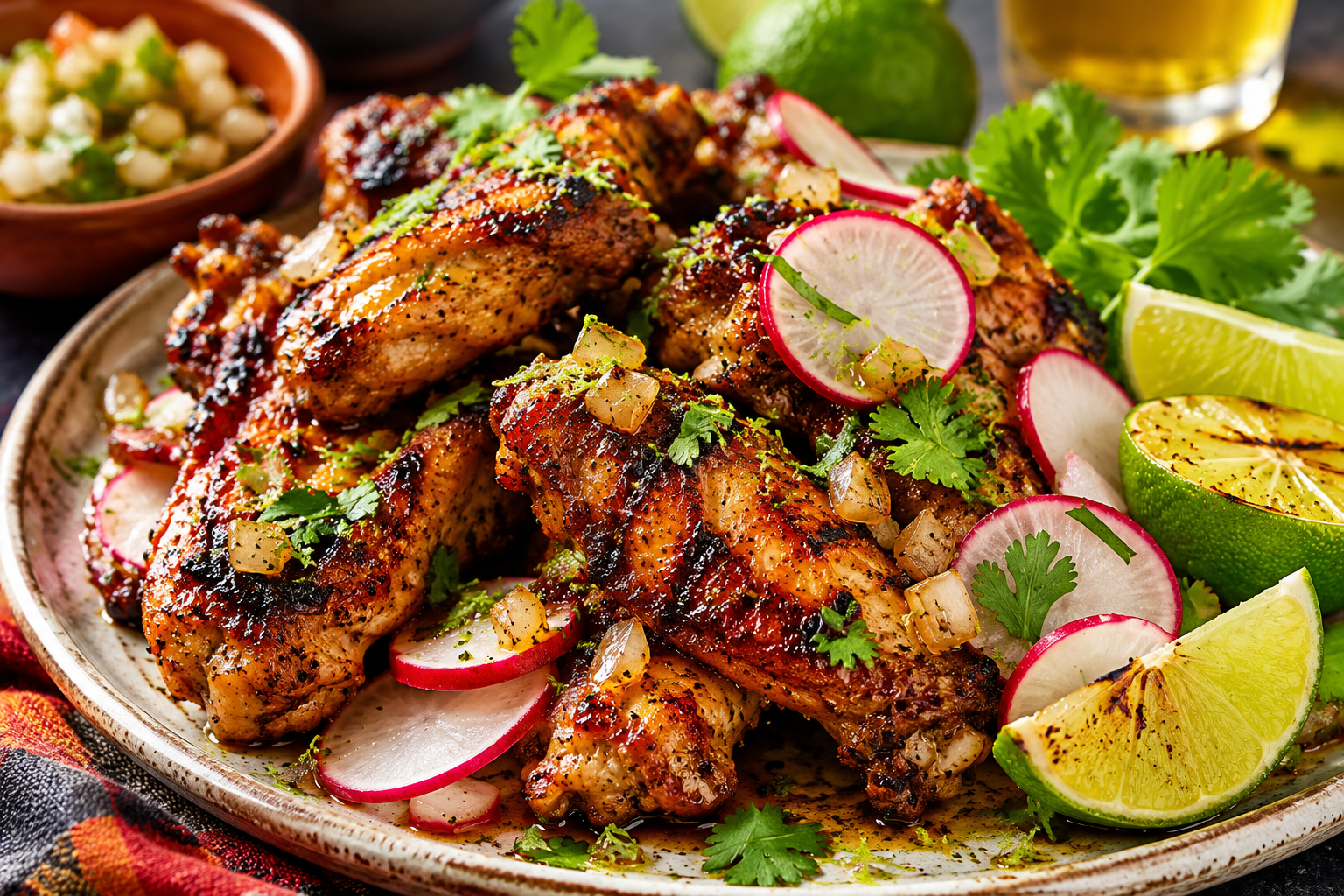 Grill-roasted chicken wings Callejero style with lime, cilantro, radish, and smoky char on a serving plate.