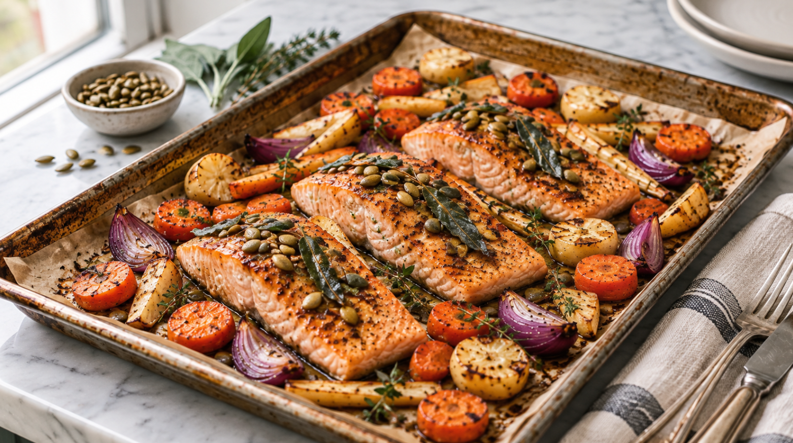 Sheet-Pan Roasted Salmon with Brown Butter Sage &amp; Umami-Glazed Root Vegetables