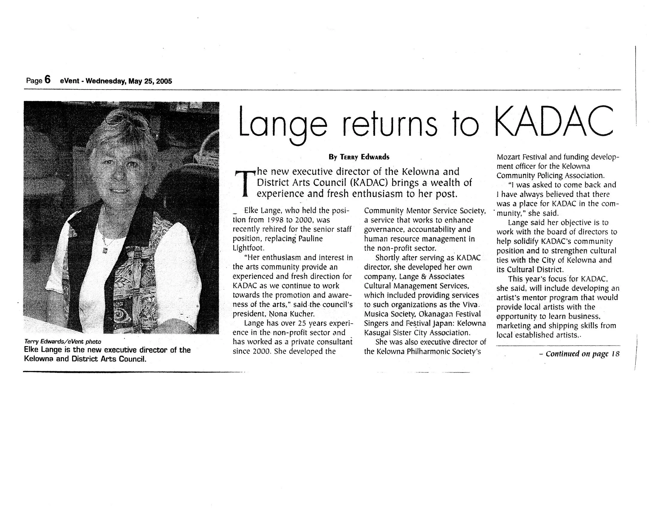 2005 - Lange returns to KADAC article