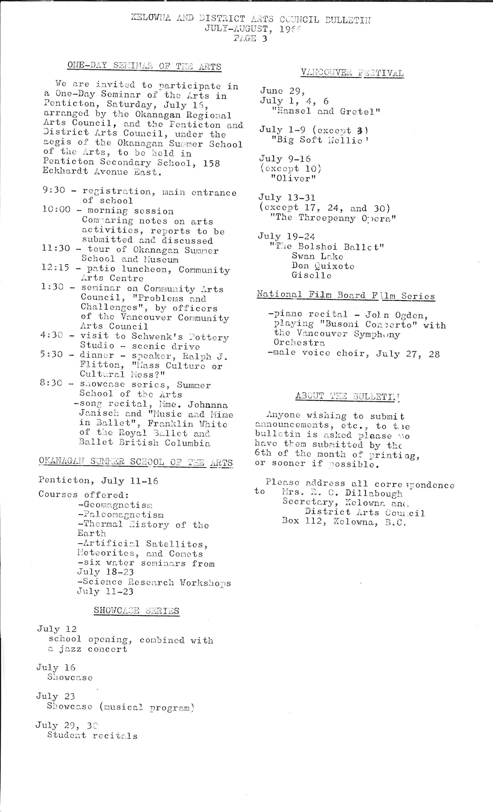 1966 - Bulletin of Kelowna's Cultural Events (pg3)