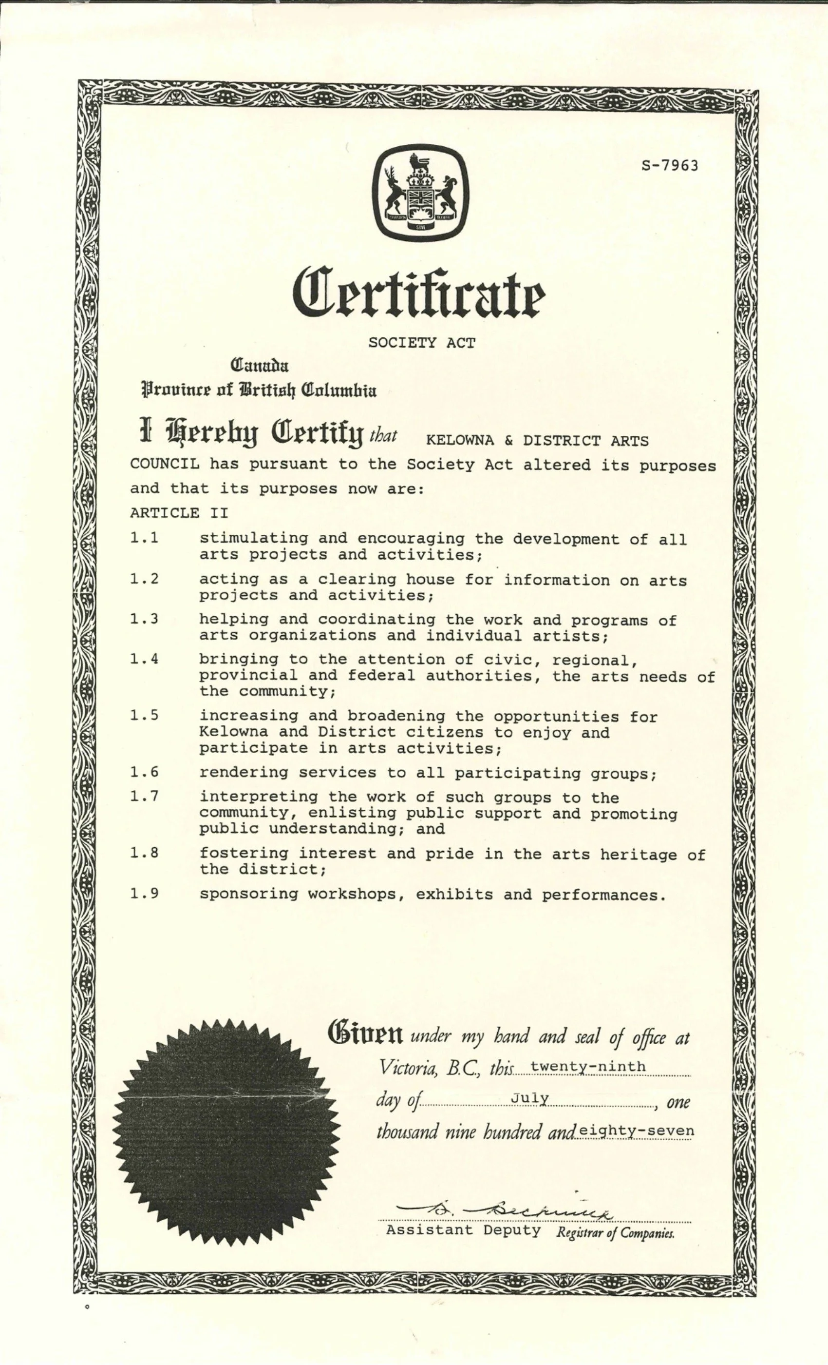 1987 - KADAC's Society Act certificate confirming change to KADAC