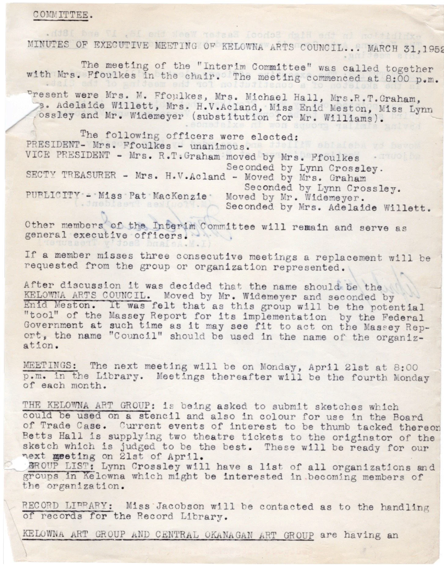 1952 - Minutes of the Kelowna Art Council's first ever board meeting (pg1)