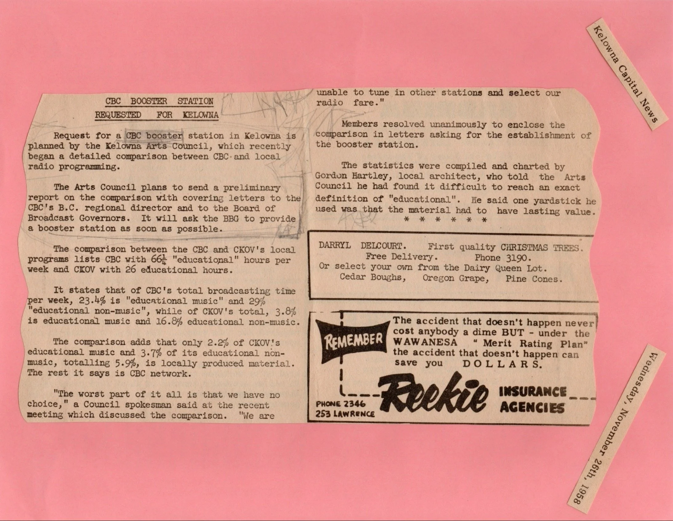 1958 - Article written about the heavily discussed CBC booster station for Kelowna, a frequently discussed topic in the Council's meetings. The Kelowna Arts Council wrote many letters to the CBC in support of this project.
