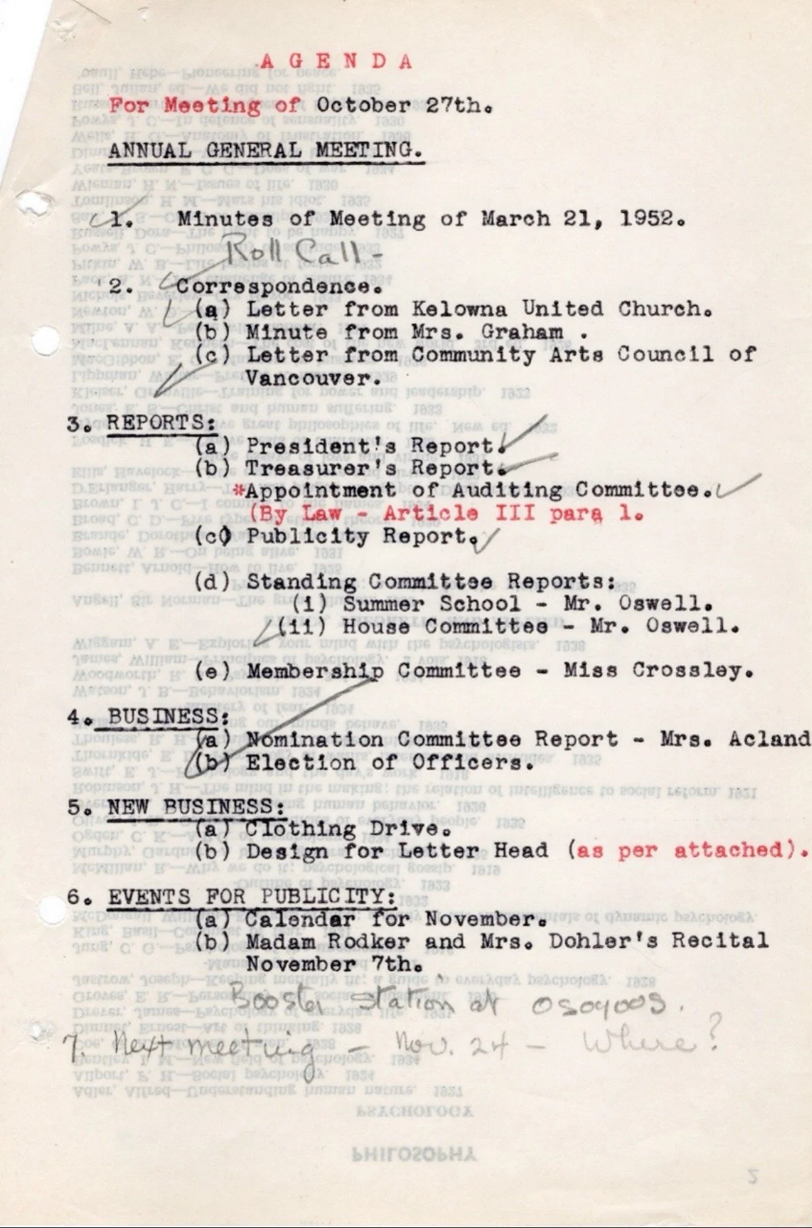 1952 - Minutes of the Kelowna Arts Council's first Annual General Meeting (pg1)