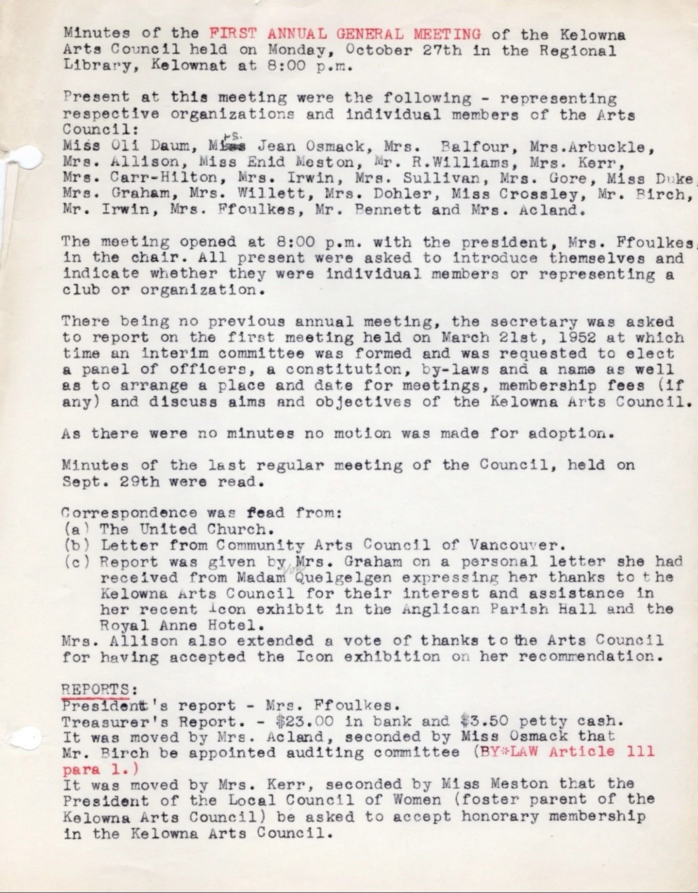 1952 - Minutes of the Kelowna Arts Council's first Annual General Meeting (pg2)
