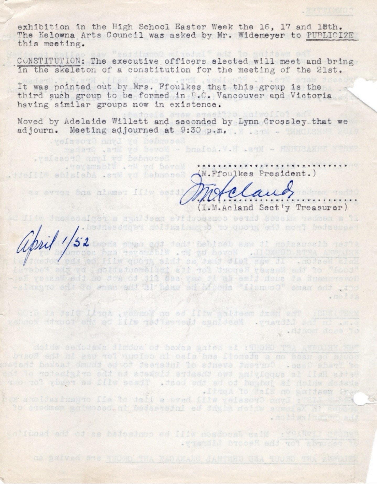 1952 - Minutes of the Kelowna Art Council's first ever board meeting (pg2)