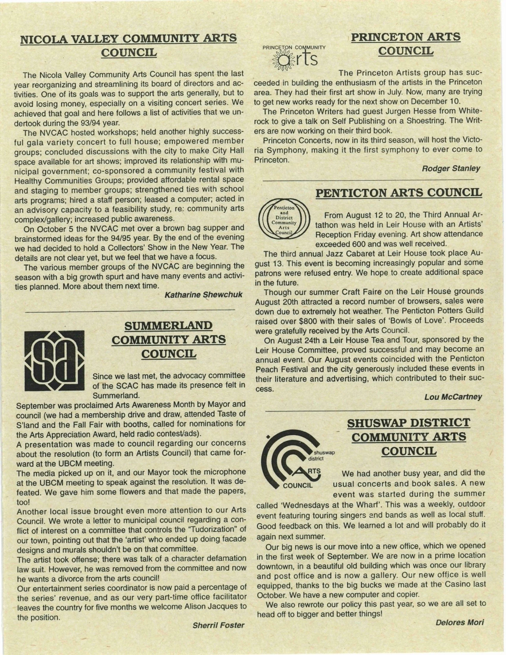 1994 - The Okanagan Mainline Regional Arts Council (OMRAC)'s fall newsletter (pg3)