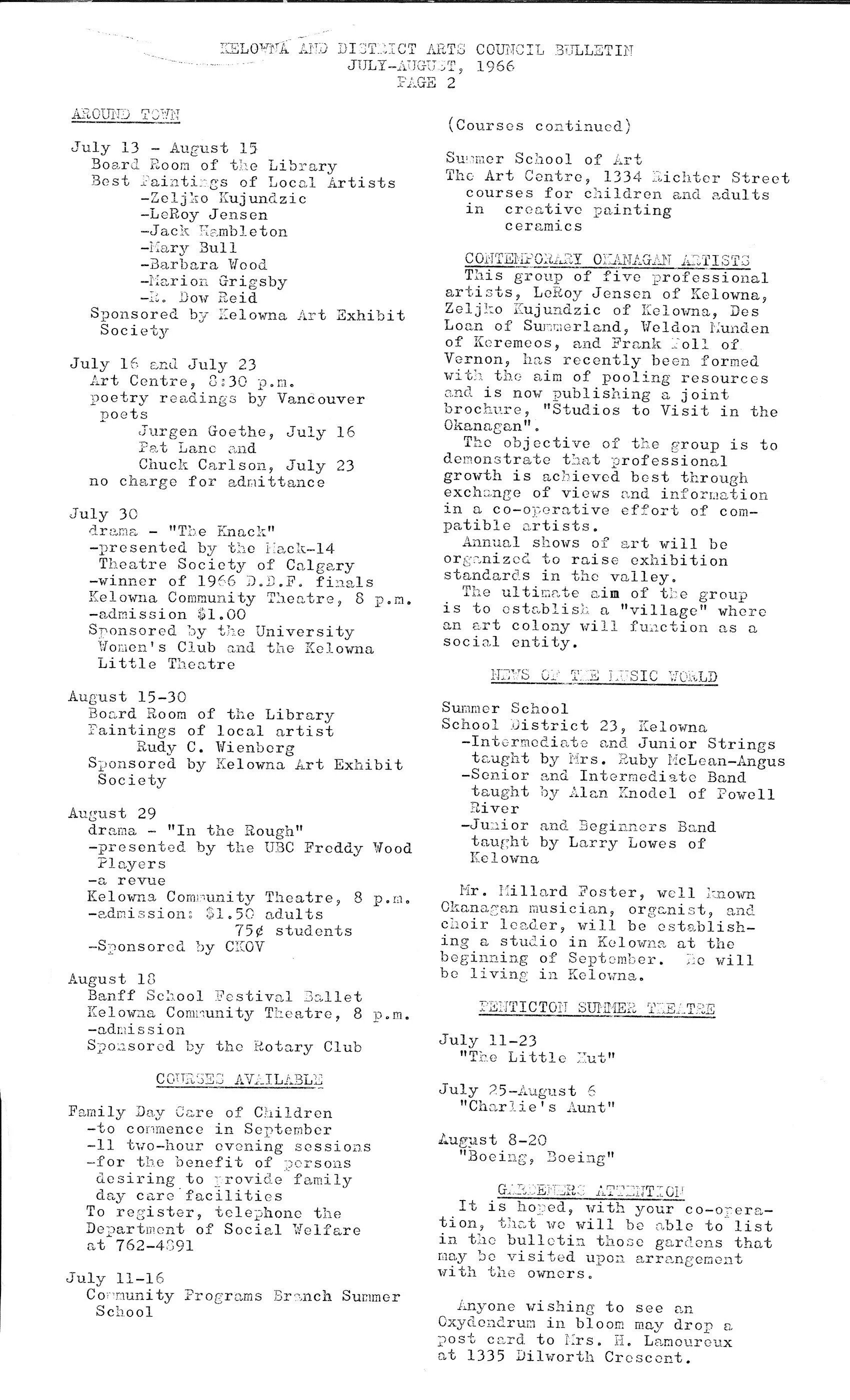 1966 - Bulletin of Kelowna's Cultural Events (pg2)