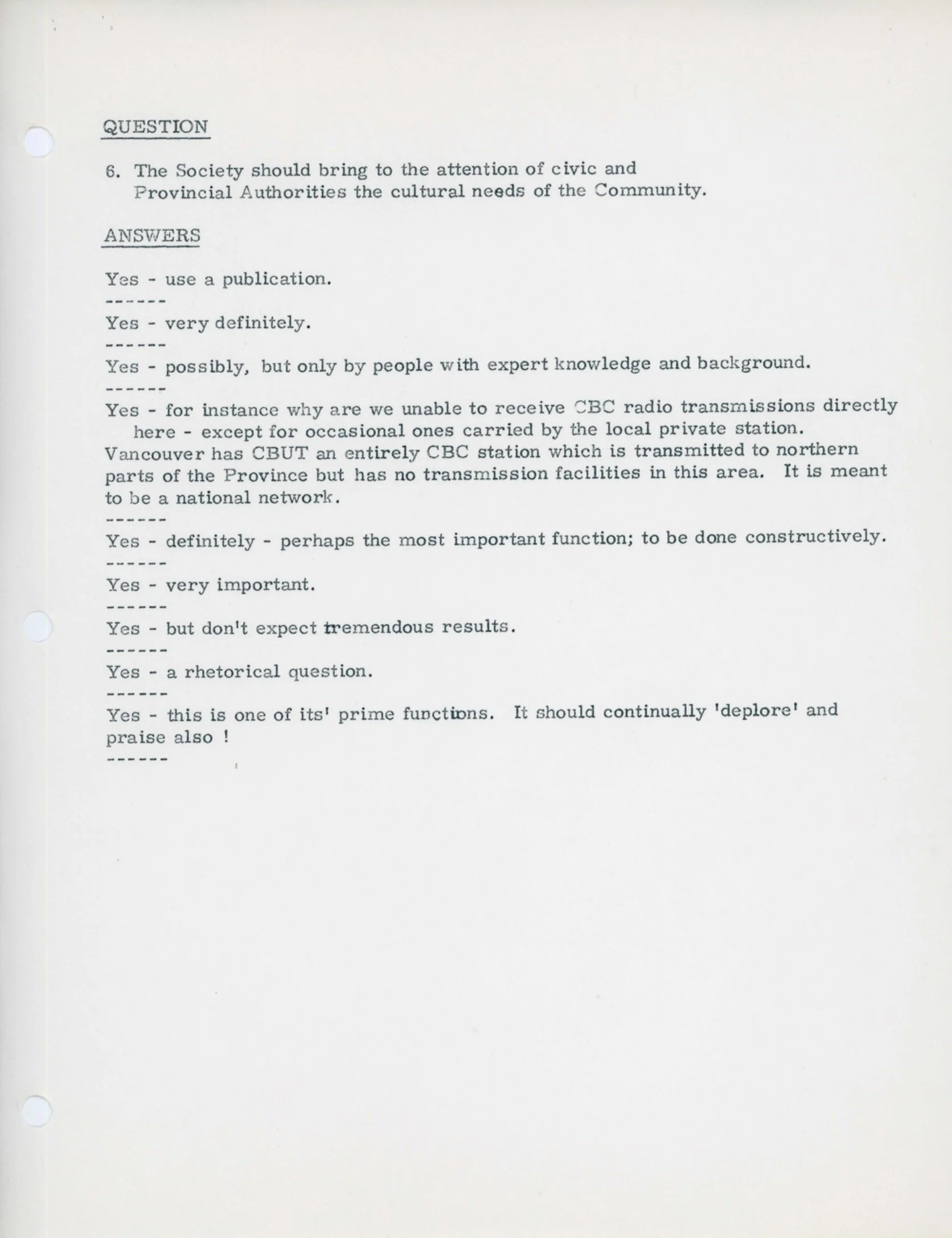 1966 - After reforming, the Council ran a survey from old and new members to gather consensus on how the new Arts Council should function (pg1)