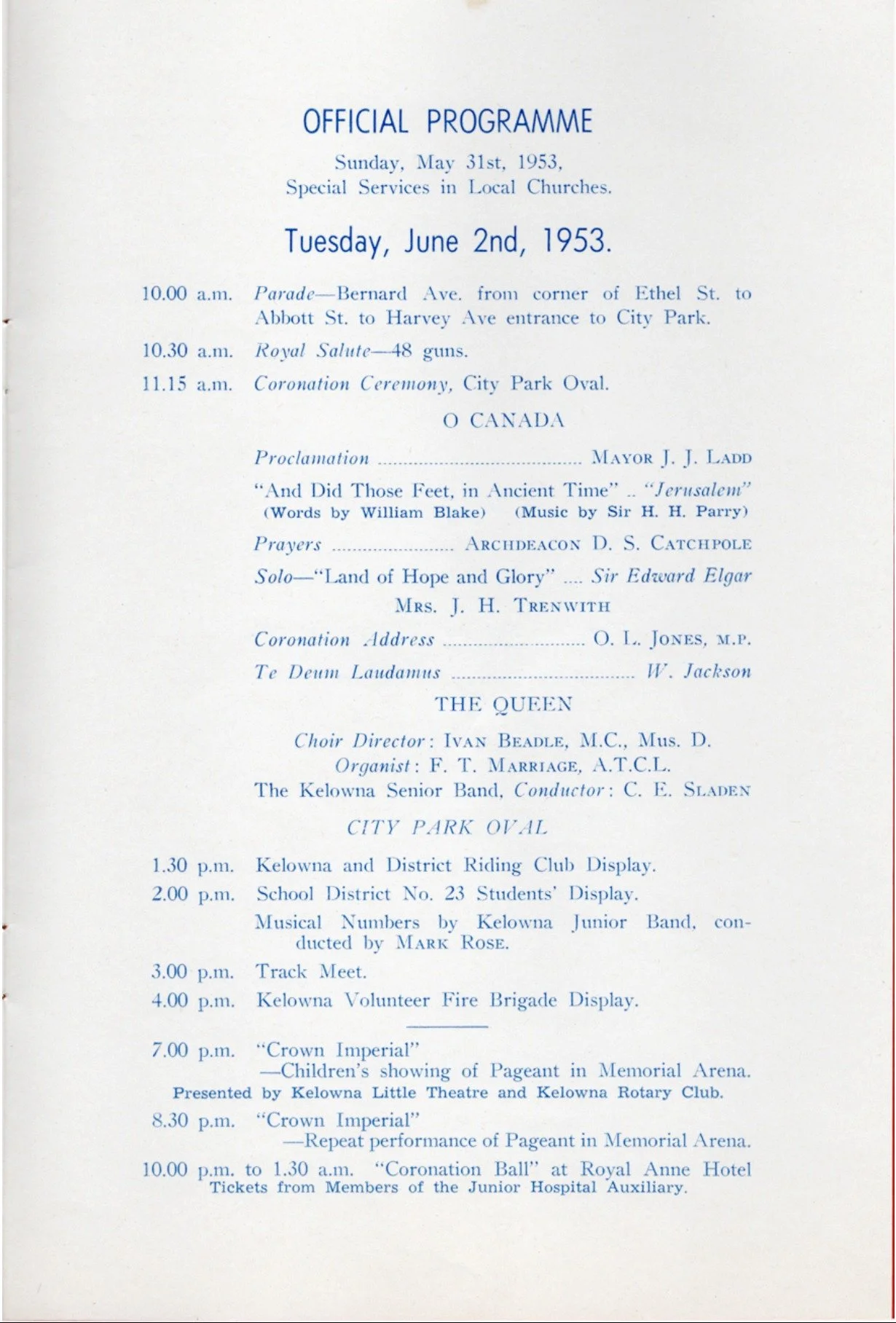 1953 - Queen Elizabeth II's Coronation programme which the Kelowna Art Council helped create (pg10)
