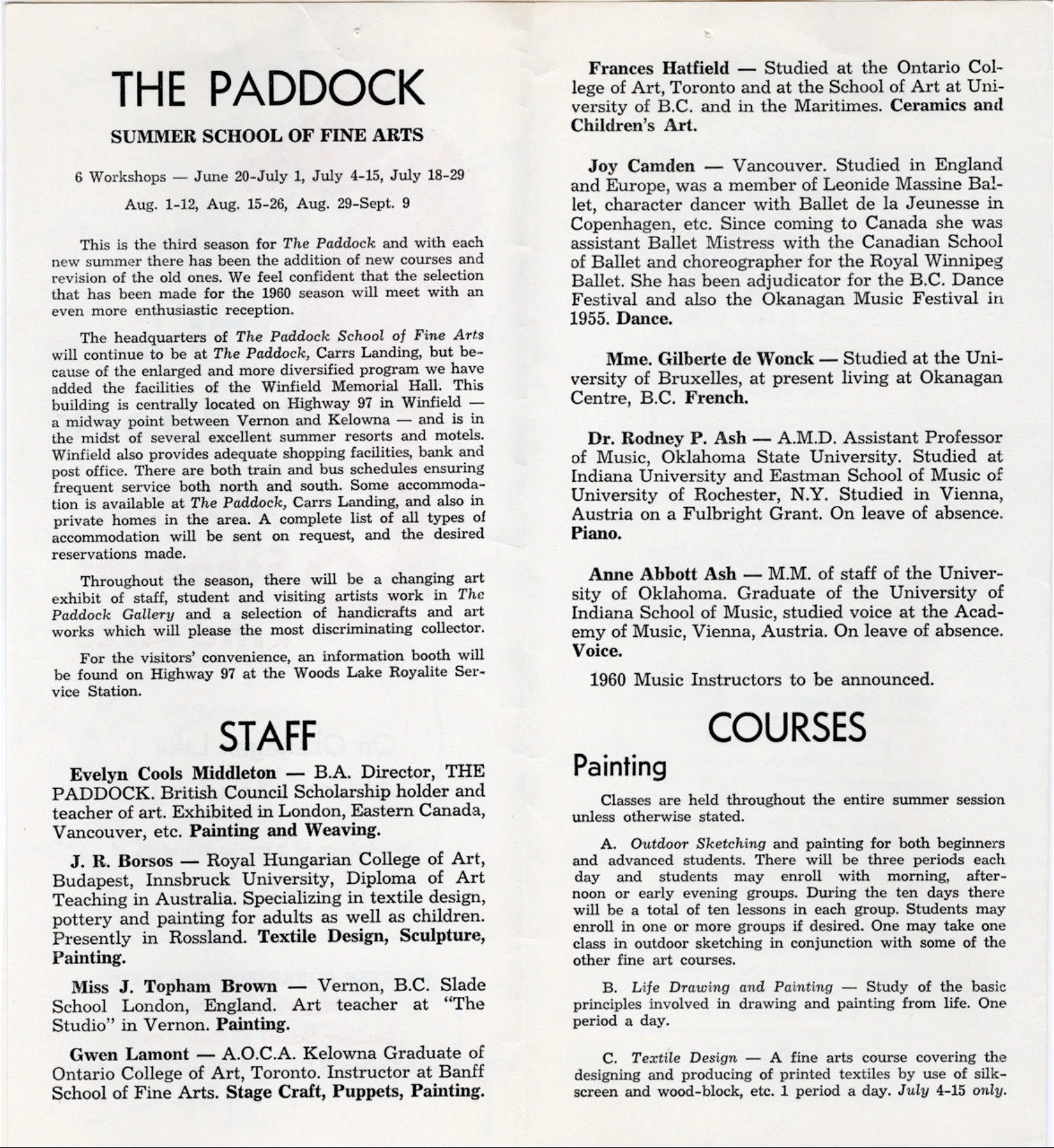1960 - Pamphlet for the Paddock Summer School of Fine Arts, supported by the Kelowna Arts Council and surrounding arts councils. (pg2)
