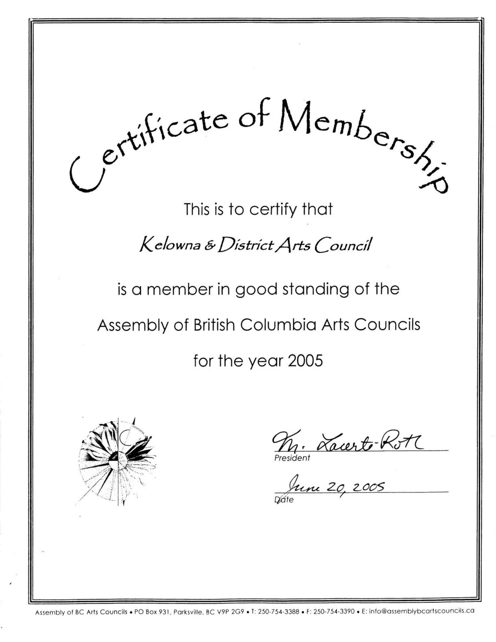 2005 - Certificate of membership for the Assembly of British Columbia Arts Councils