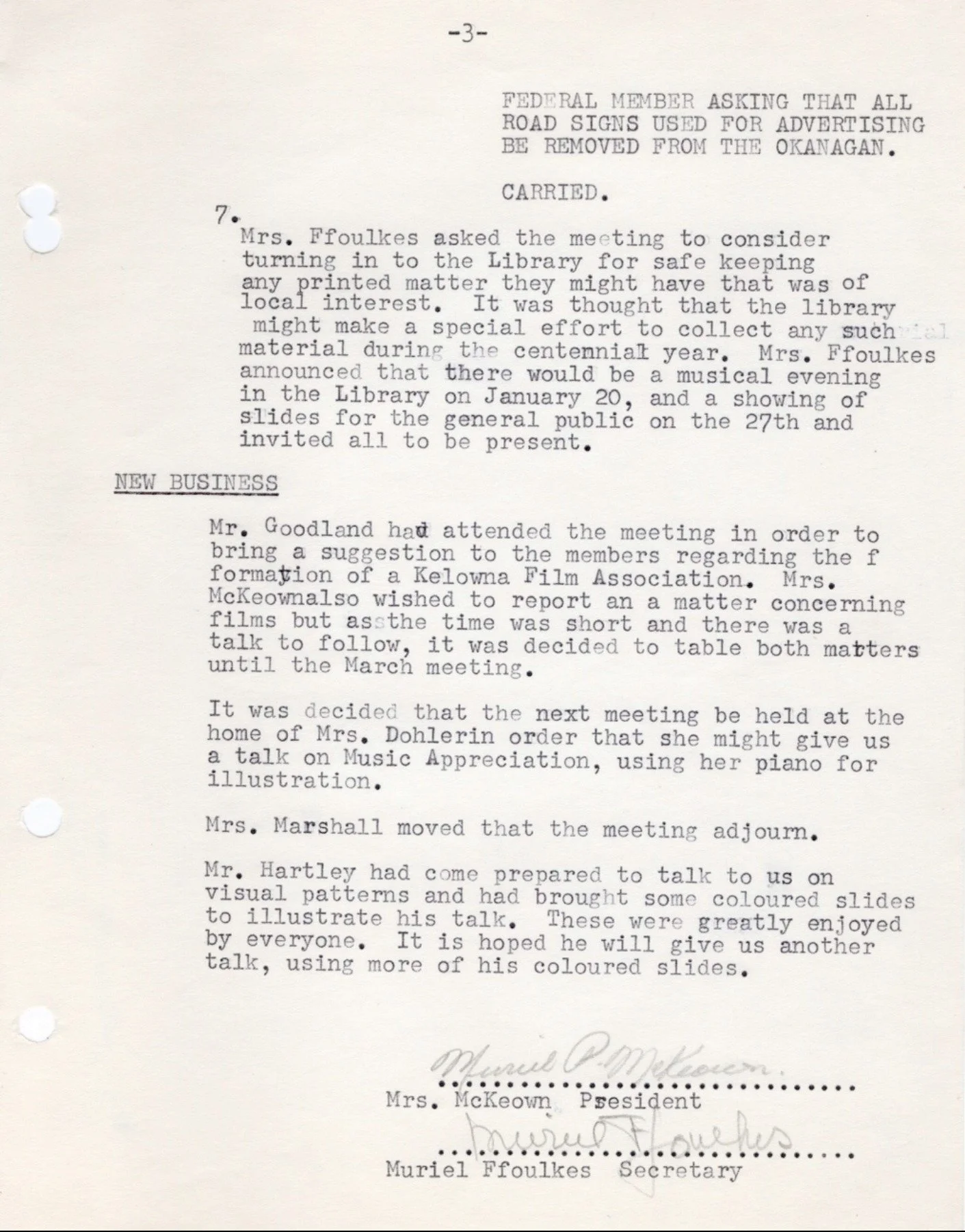 1958 - General Meeting minutes, where in the last paragraphs the Council decides their next meeting would take place in the home of Mrs. Dohlerin where she "might give us a talk on Music Appreciation, using her piano for illustration.". The board mee
