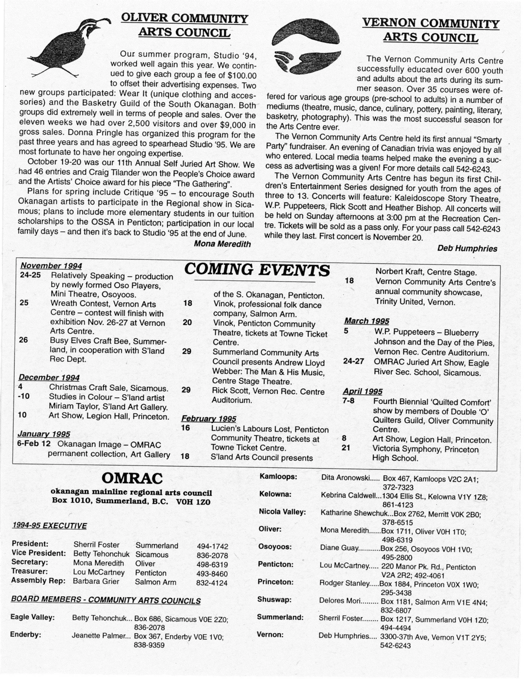 1994 - The Okanagan Mainline Regional Arts Council (OMRAC)'s fall newsletter (pg4)