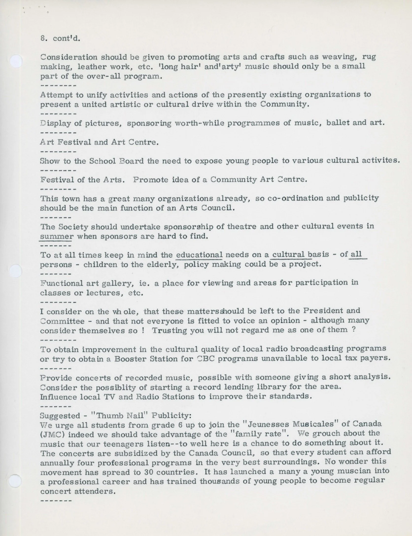 1966 - After reforming, the Council ran a survey from old and new members to gather consensus on how the new Arts Council should function (pg4)