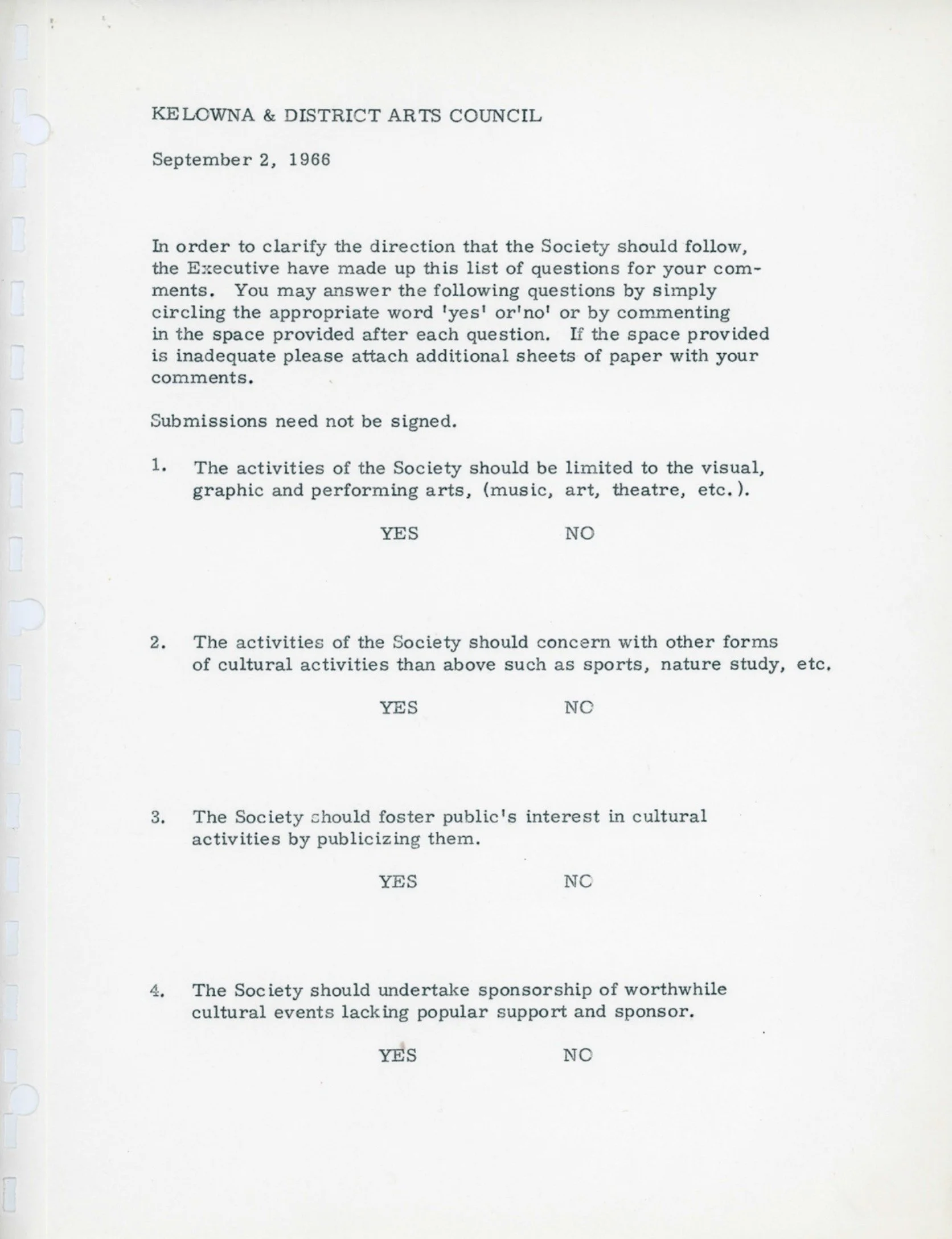 1966 - After reforming, the Council ran a survey from old and new members to gather consensus on how the new Arts Council should function (pg8)