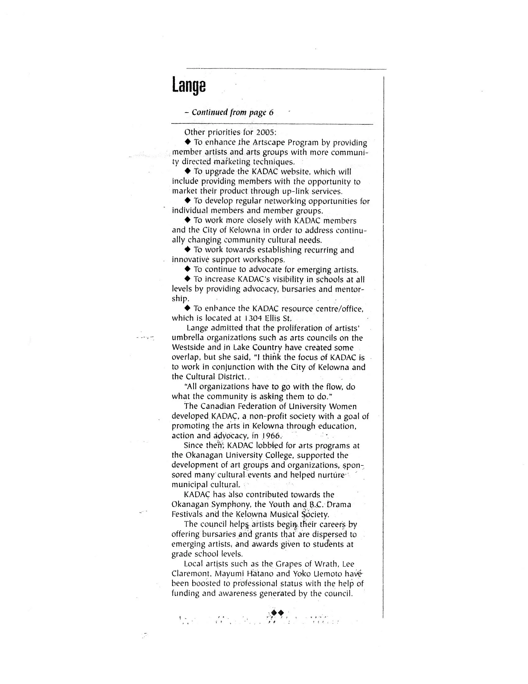 2005 - Lange returns to KADAC article