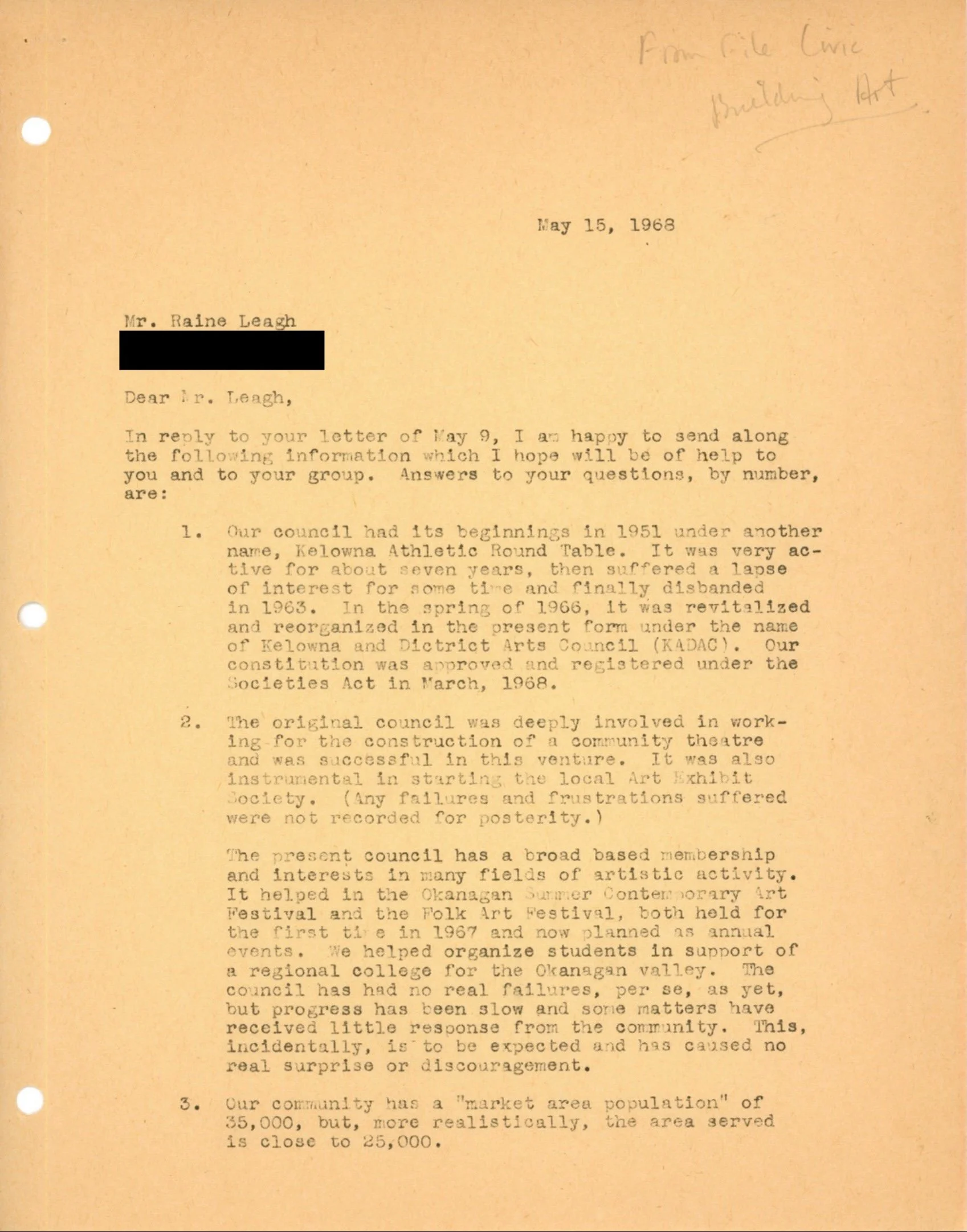 1968 - Correspondence with Mr. Leagh from the newly formed Delta Arts Council (pg2)