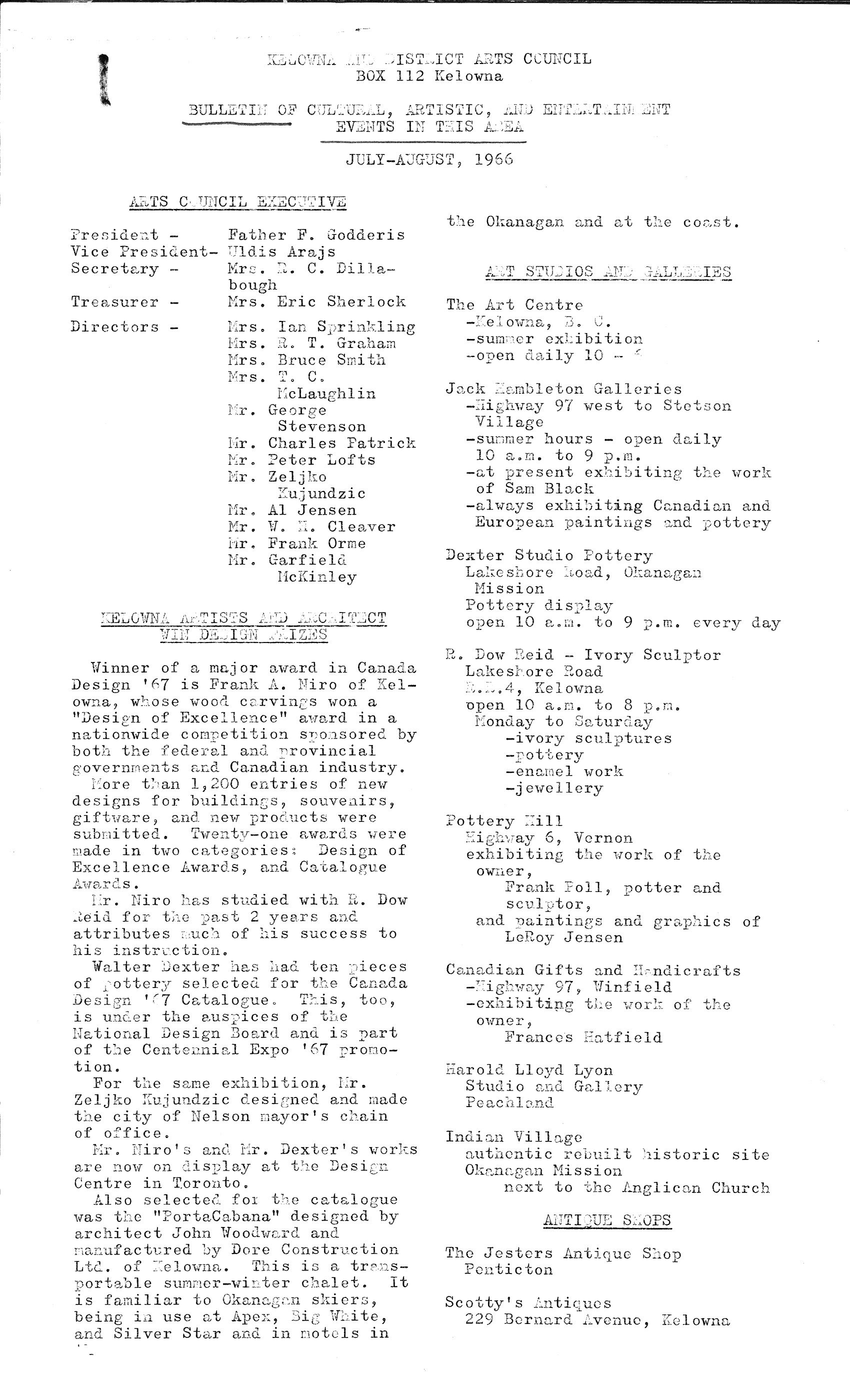1966 - Bulletin of Kelowna's Cultural Events (pg1)