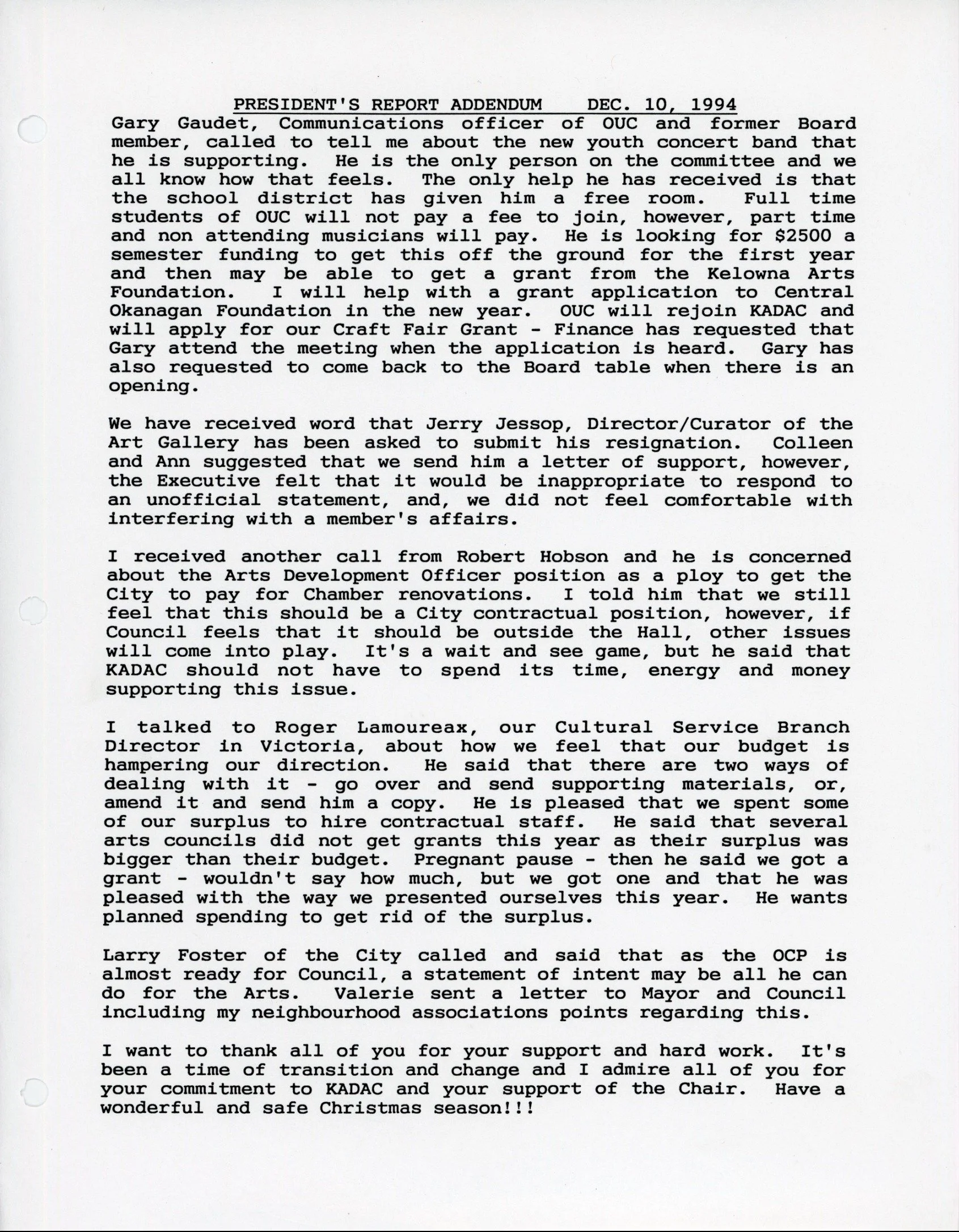 1994 - Presidents report addendum