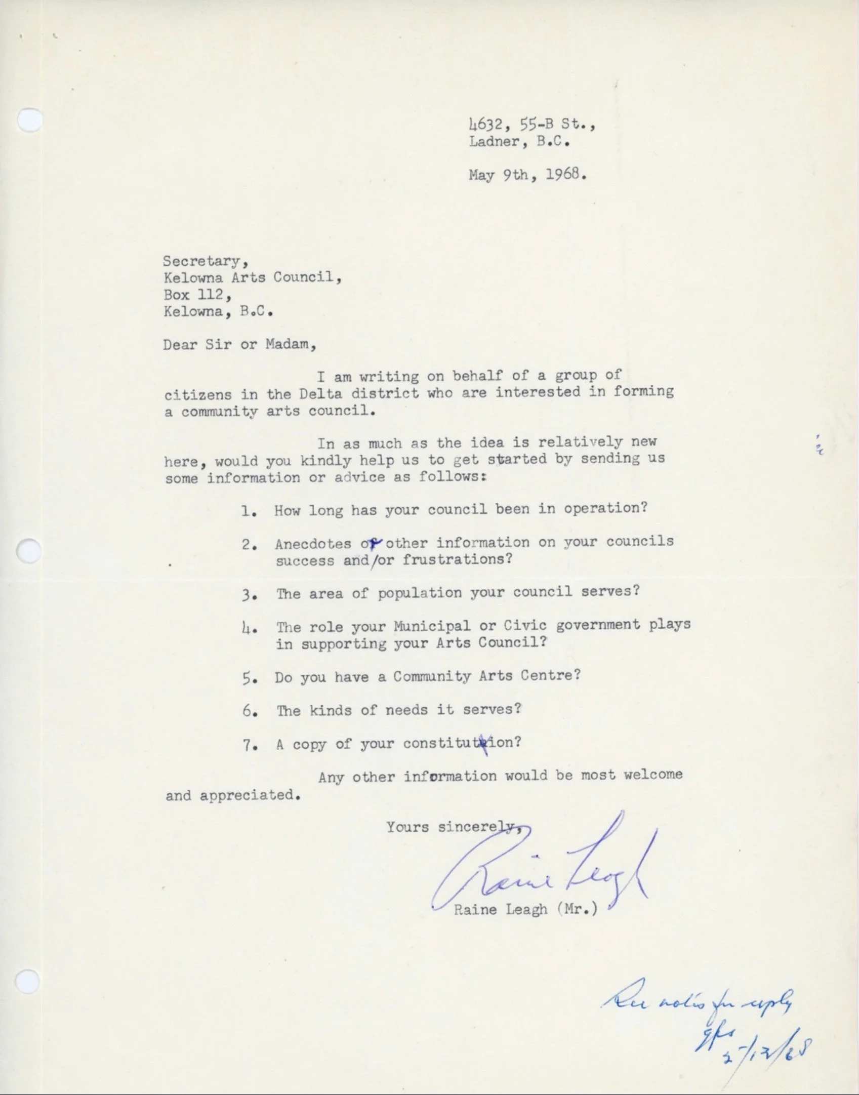 1968 - Correspondence with Mr. Leagh from the newly formed Delta Arts Council (pg1)
