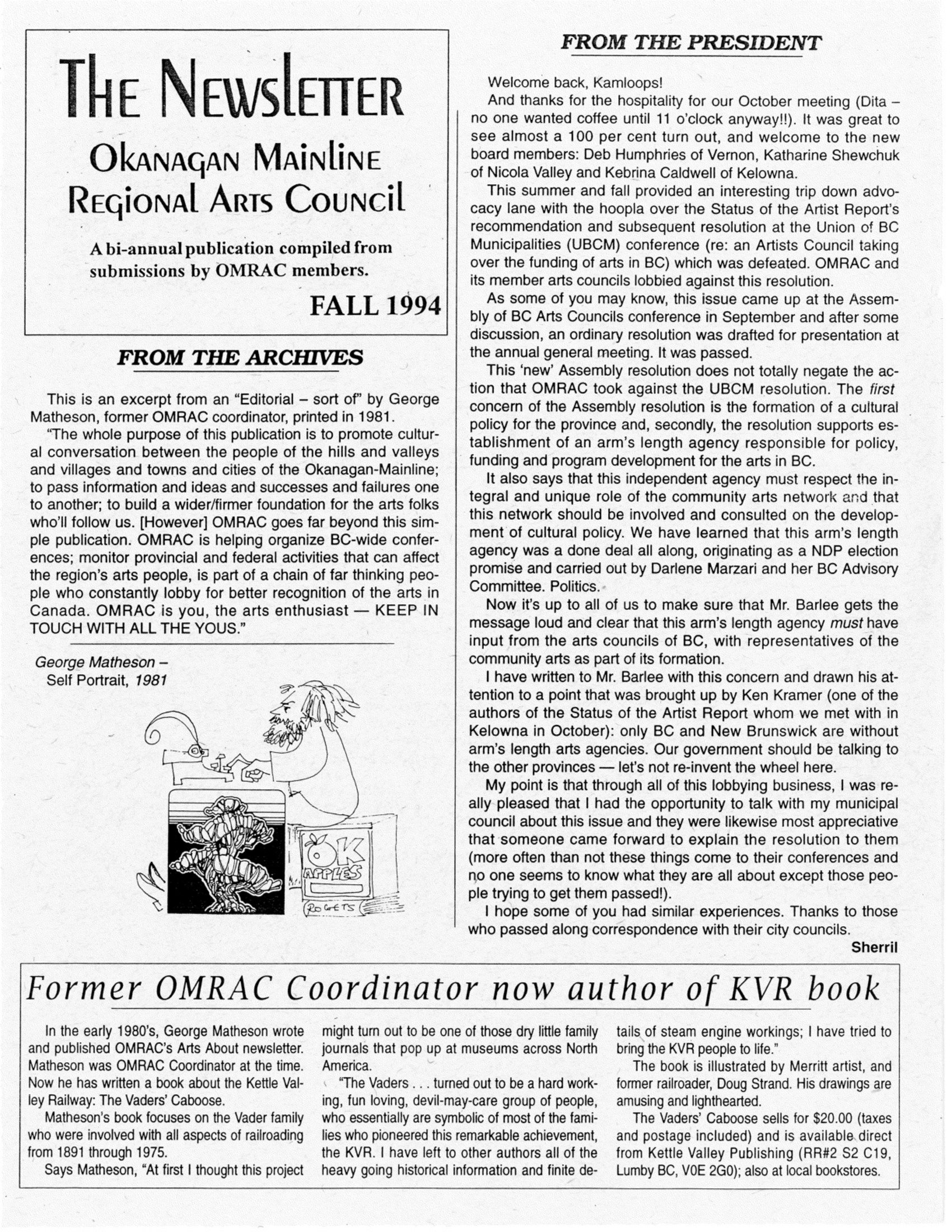 1994 - The Okanagan Mainline Regional Arts Council (OMRAC)'s fall newsletter (pg1)