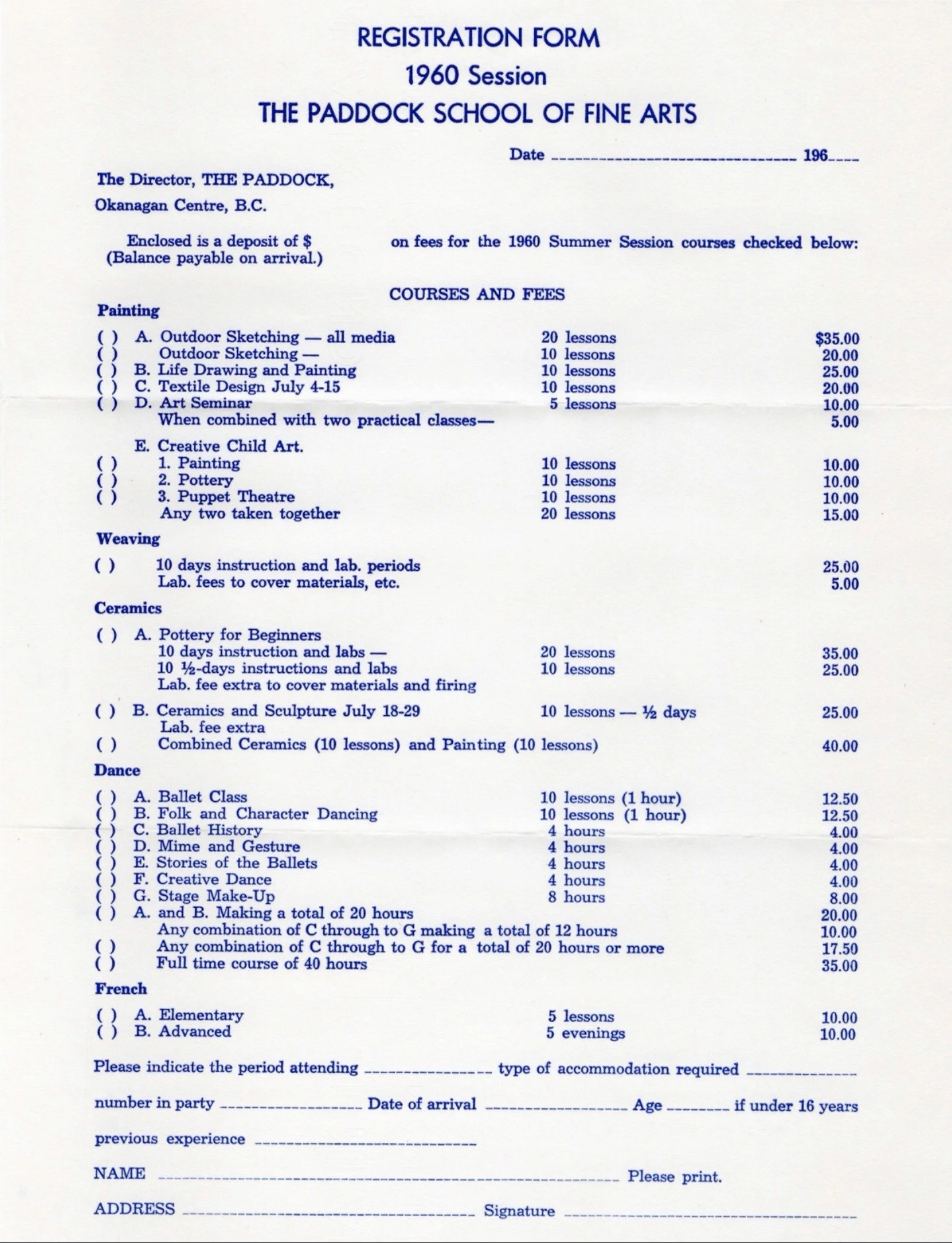 1960 - Pamphlet for the Paddock Summer School of Fine Arts, supported by the Kelowna Arts Council and surrounding arts councils. (pg5)