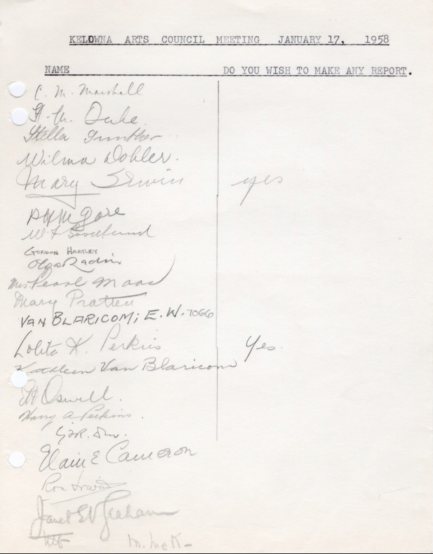 1958 - General Meeting minutes, where in the last paragraphs the Council decides their next meeting would take place in the home of Mrs. Dohlerin where she "might give us a talk on Music Appreciation, using her piano for illustration.". The board mee