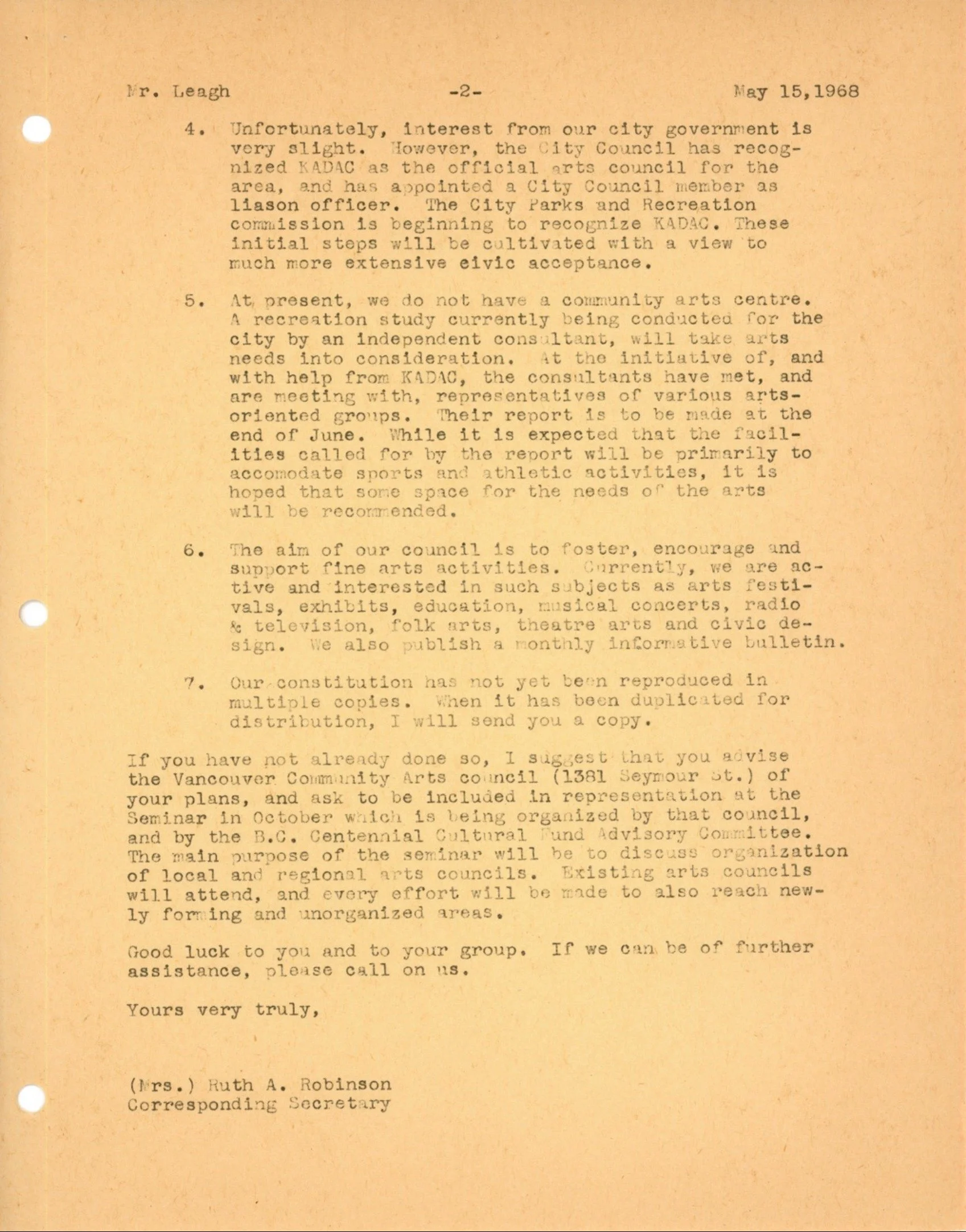 1968 - Correspondence with Mr. Leagh from the newly formed Delta Arts Council (pg3)