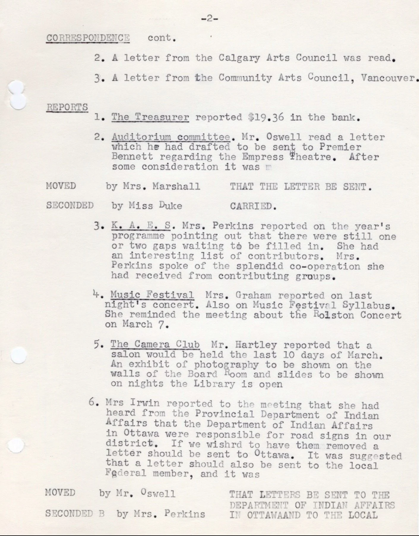1958 - General Meeting minutes, where in the last paragraphs the Council decides their next meeting would take place in the home of Mrs. Dohlerin where she "might give us a talk on Music Appreciation, using her piano for illustration.". The board mee