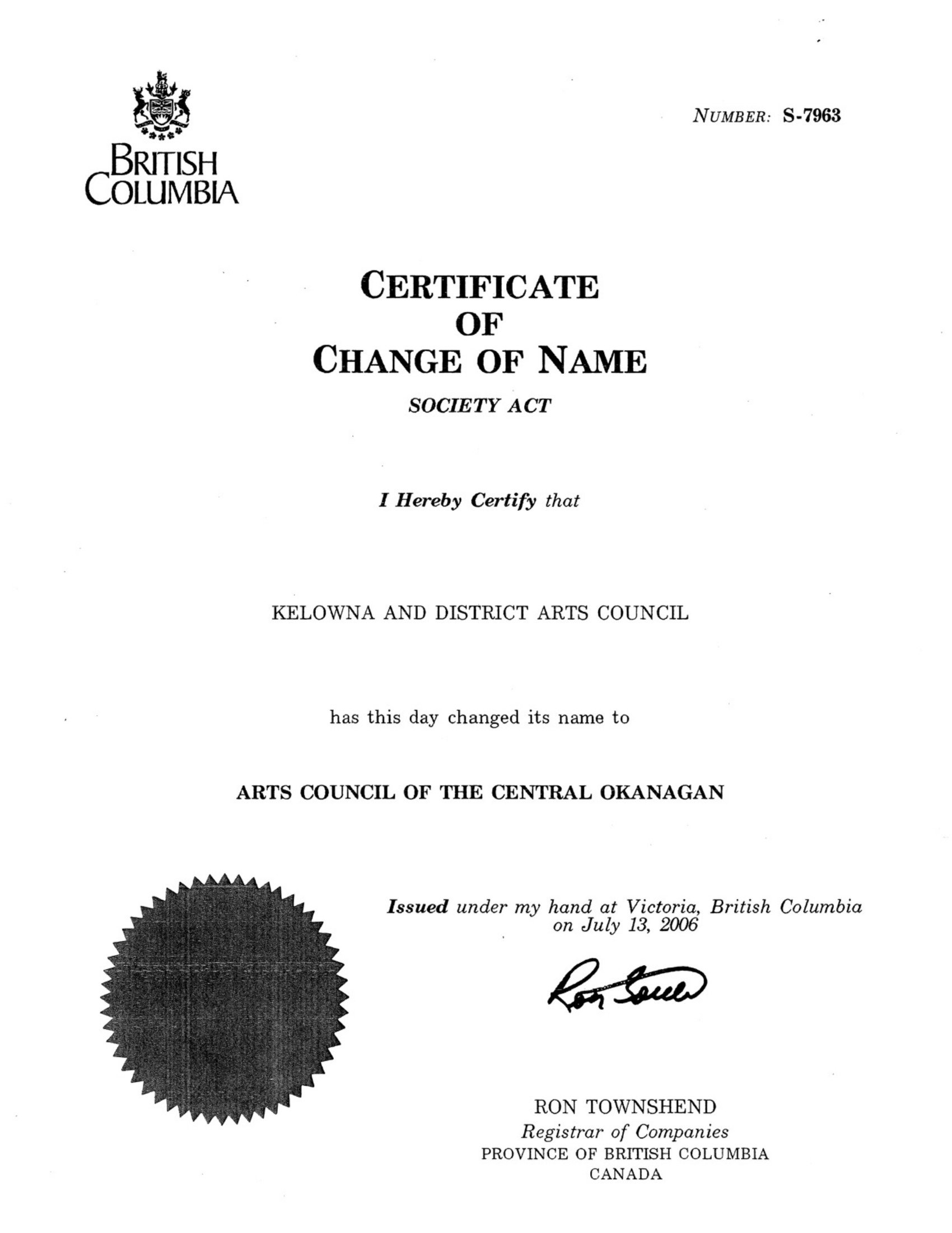2006 - Certificate of name change to Artsco