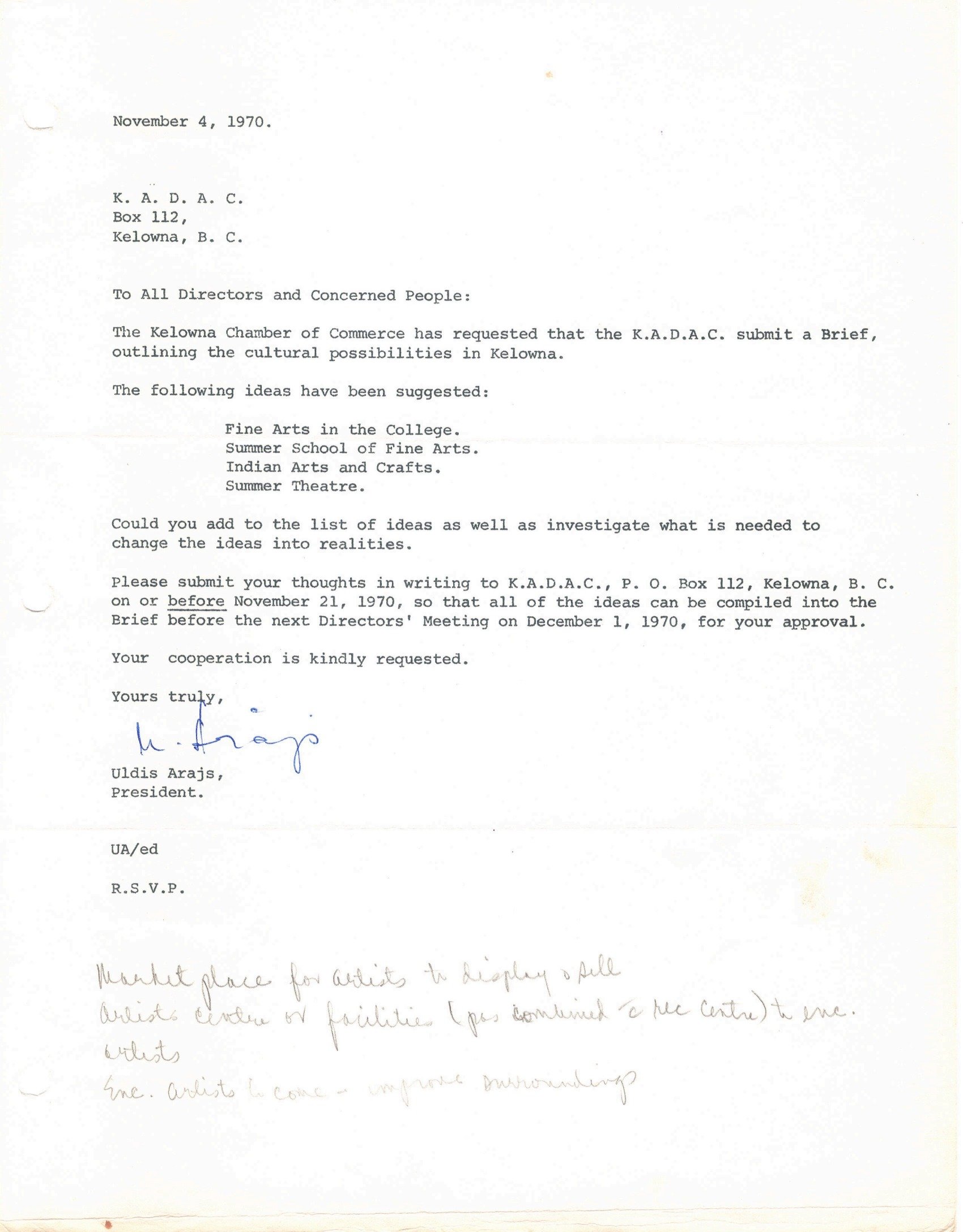 1970 - Letter written to all KADAC directors and "concerned peoples" to submit thoughts on the possibility of more arts education in the Central Okanagan.