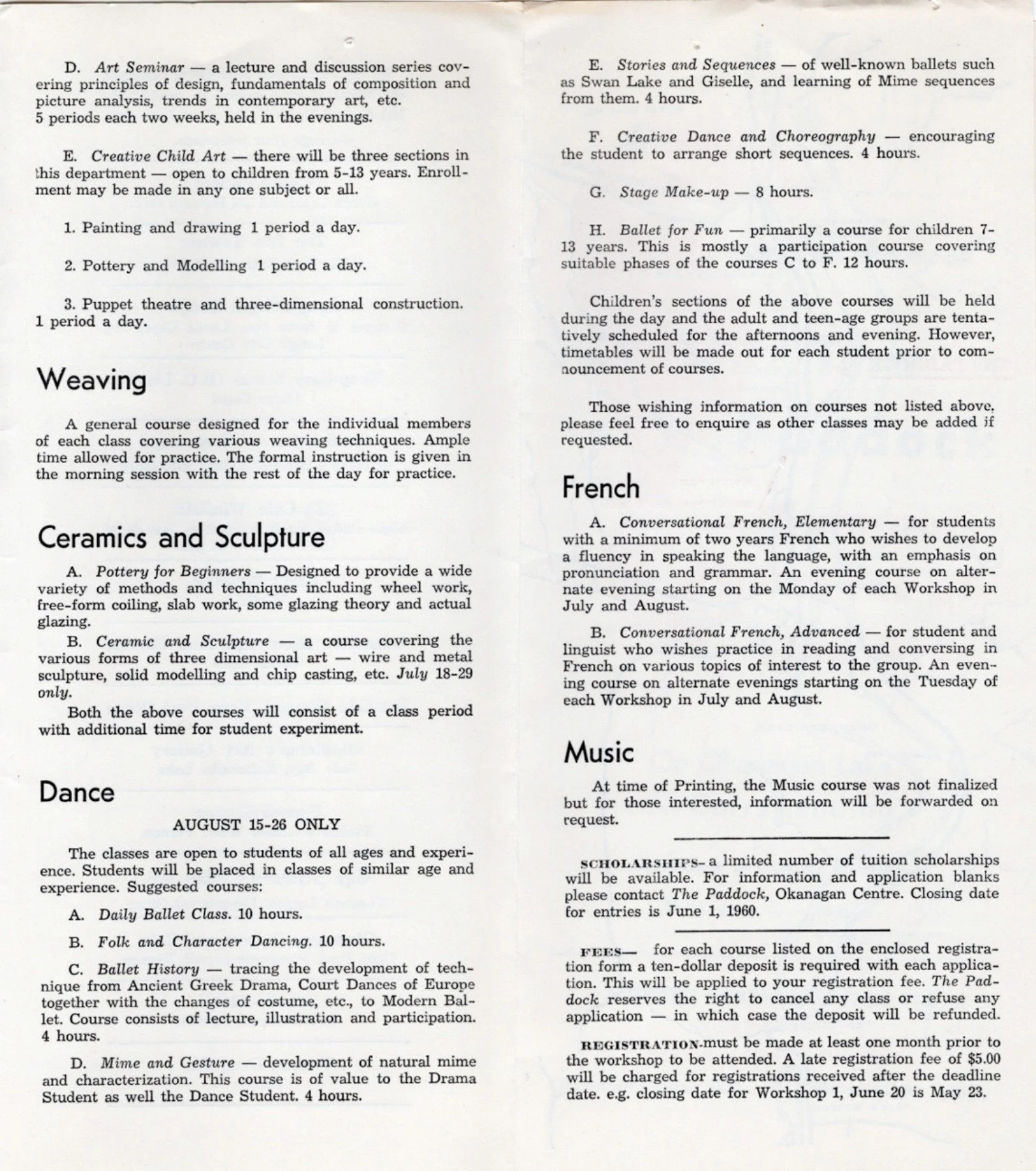 1960 - Pamphlet for the Paddock Summer School of Fine Arts, supported by the Kelowna Arts Council and surrounding arts councils. (pg3)