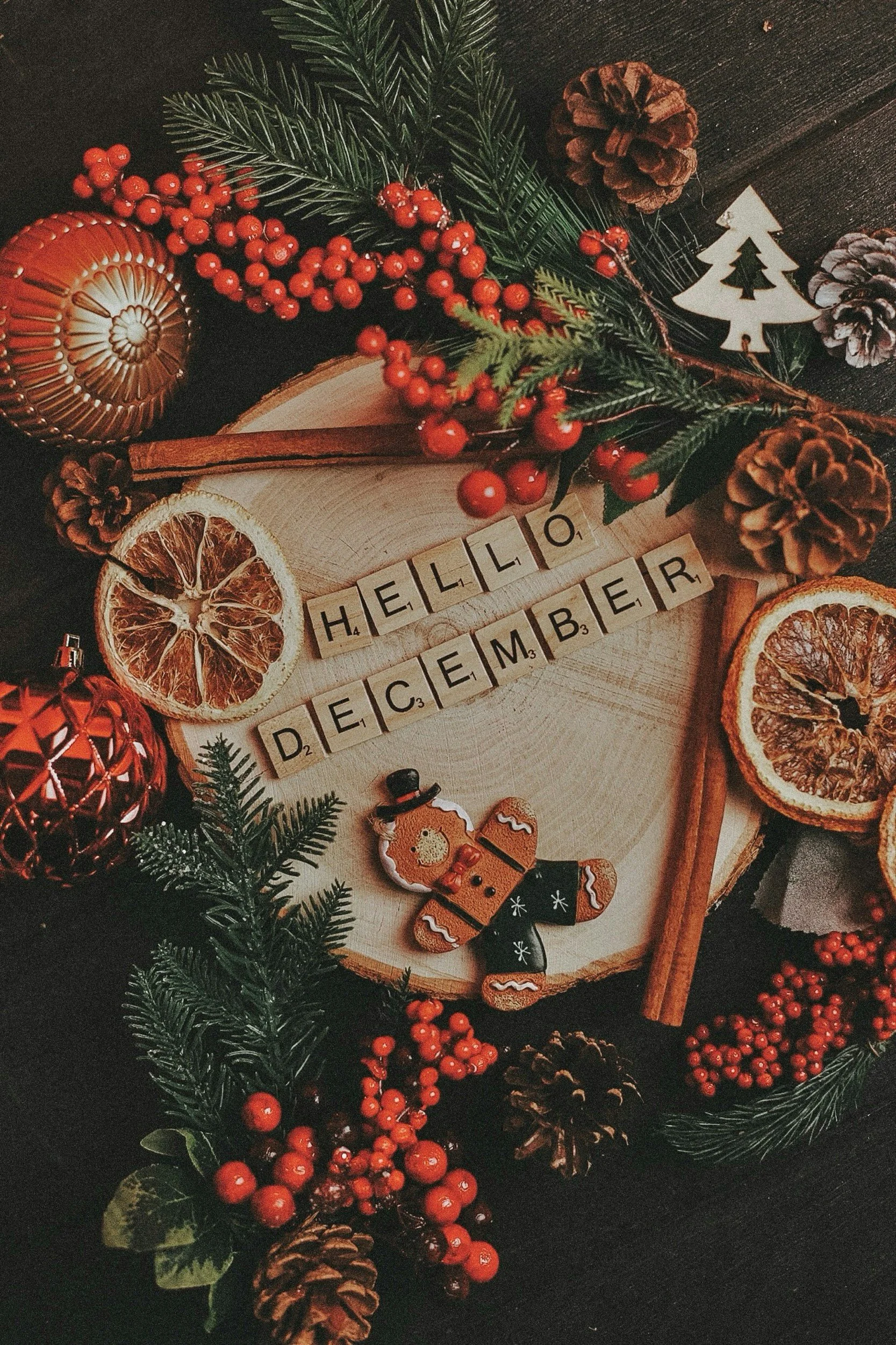 A festive picture of the words hello december