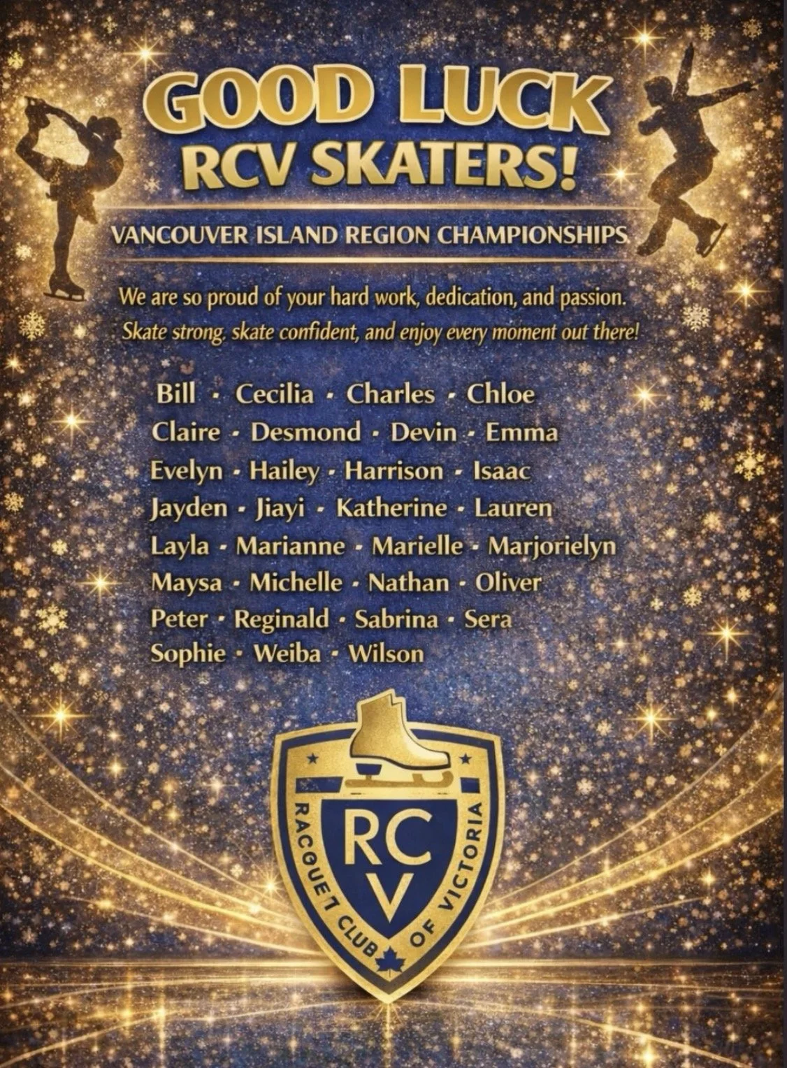 An infographic of RCV skaters names for the Vancouver Island Regional Competition