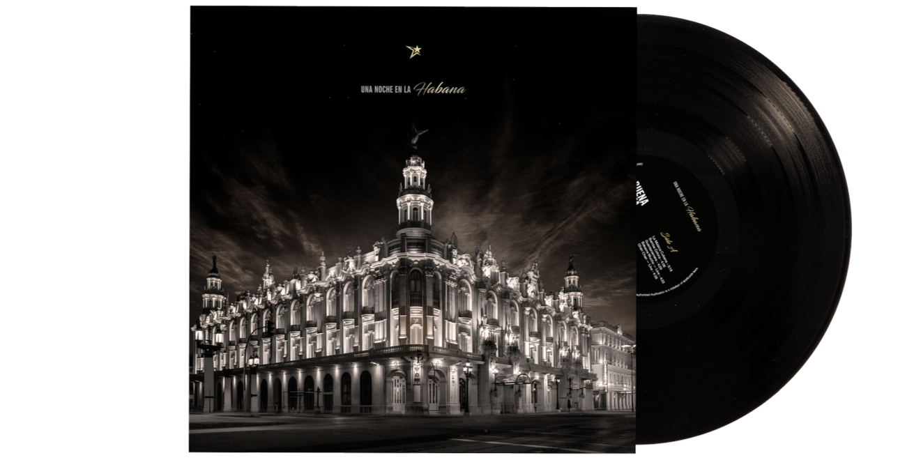 Black and white Havana architecture at night with vinyl record overlay, representing Buena Vista All Stars “Una Noche en La Habana” Cuban music album and live concert experience.