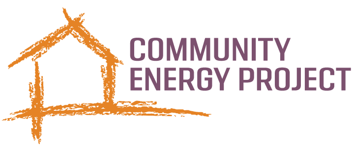 Orange sketch of a house with the text "Community Energy Project" in purple.