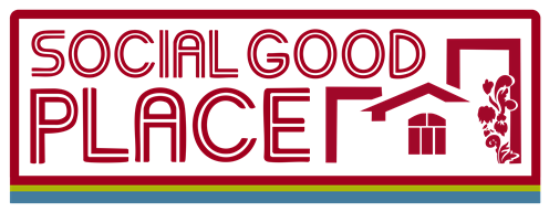 Logo with red text 'Social Good Place' and a graphic of a house and flowers, outlined in black, with colorful horizontal stripes below.