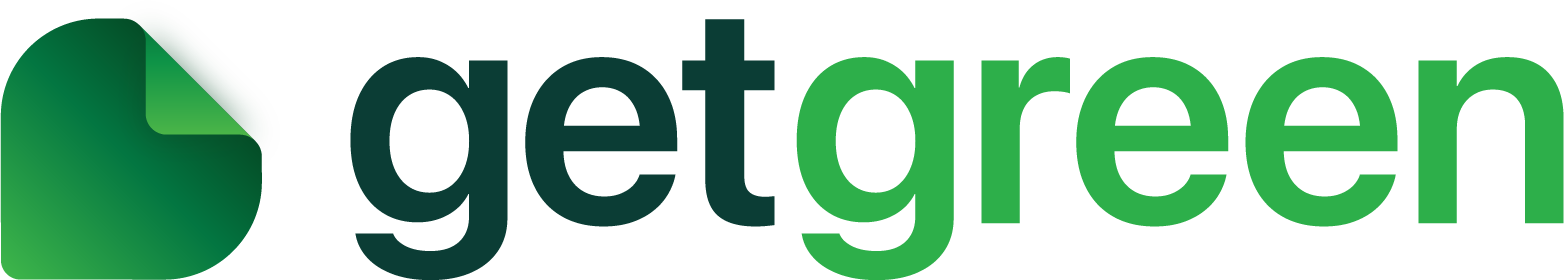 Logo of Getgreen with a green paper sheet icon and the company name in black and green letters.