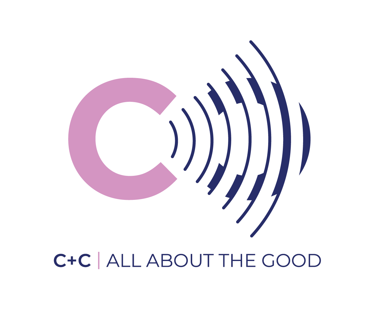 Logo with a pink letter C and blue sound waves, with the text 'C+C | ALL ABOUT THE GOOD' beneath.