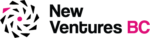 Logo of New Ventures BC with black and pink text on a white background.