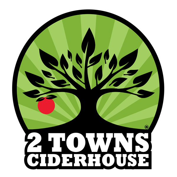 Logo for 2 Towns Ciderhouse featuring a stylized apple tree with black leaves and branches, a red apple, and green rays in the background.
