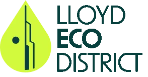 Lloyd Eco District logo featuring a green leaf with a circuit pattern and the words 'Lloyd Eco District' in black and teal.