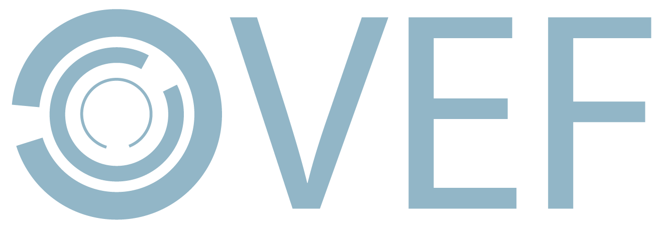Stylized logo with text "OVEF" with a circular target-like symbol replacing the "O" in light blue against a transparent background.