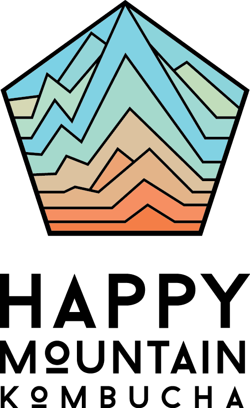 Abstract mountain range illustration with multiple colorful layers, framed within a pentagon shape.