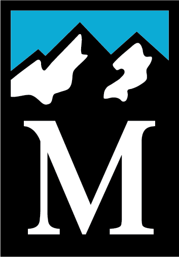 Logo with mountain peaks and a large white letter 'M' at the bottom.
