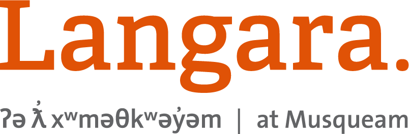 Image displaying the word "Langara" in large, bold orange font on a black background, with additional text in smaller gray font underneath.