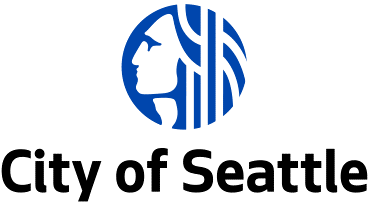 City of Seattle logo featuring a stylized profile of a woman's face in white against a blue circle, with the text 'City of Seattle' below.