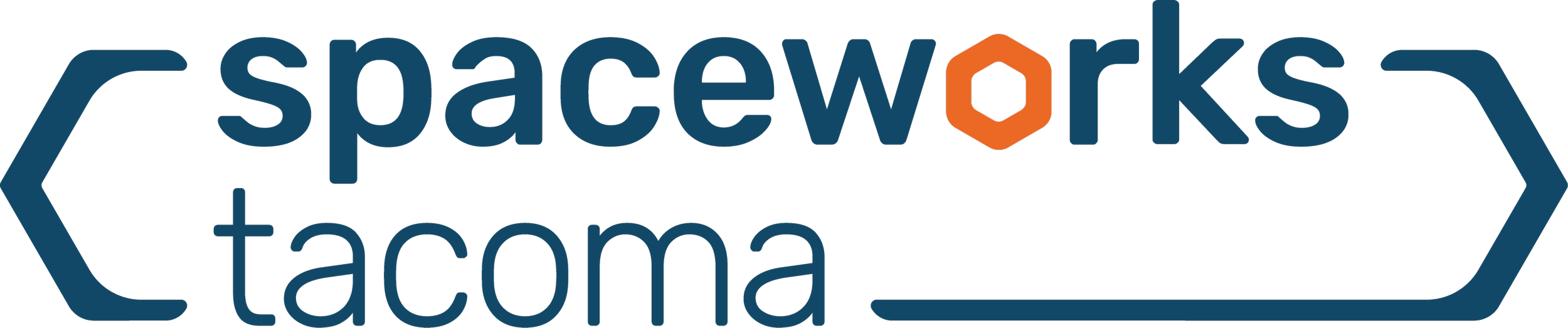 Logo for Spaceworks Tacoma with text inside a stylized dog tag outline.